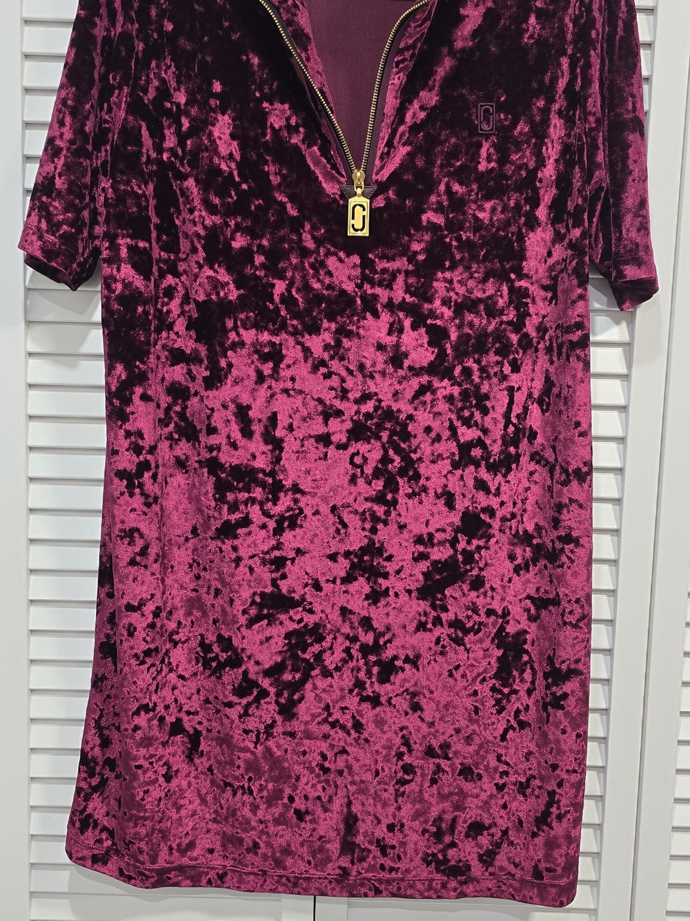 Marc Jacobs Crushed Velvet Short Sleeve Tunic in Magenta and Black with Gold Zip